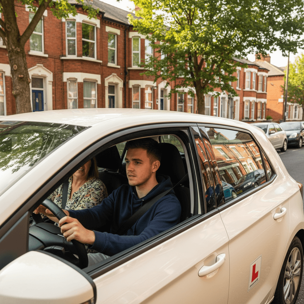 Instructor and learner driver on Greater Manchester residential street