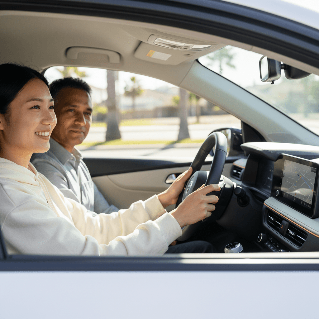 Learner driver smiling confidently during lesson