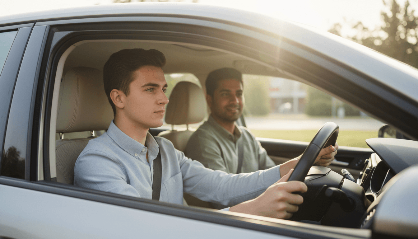 Young learner driver with instructor during automatic driving lesson in Greater Manchester