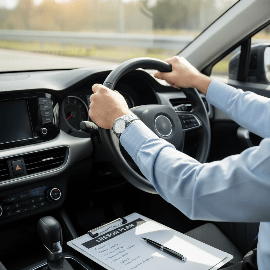 Certified instructor demonstrating proper steering wheel grip and hand positioning during practical driving lesson in modern sedan