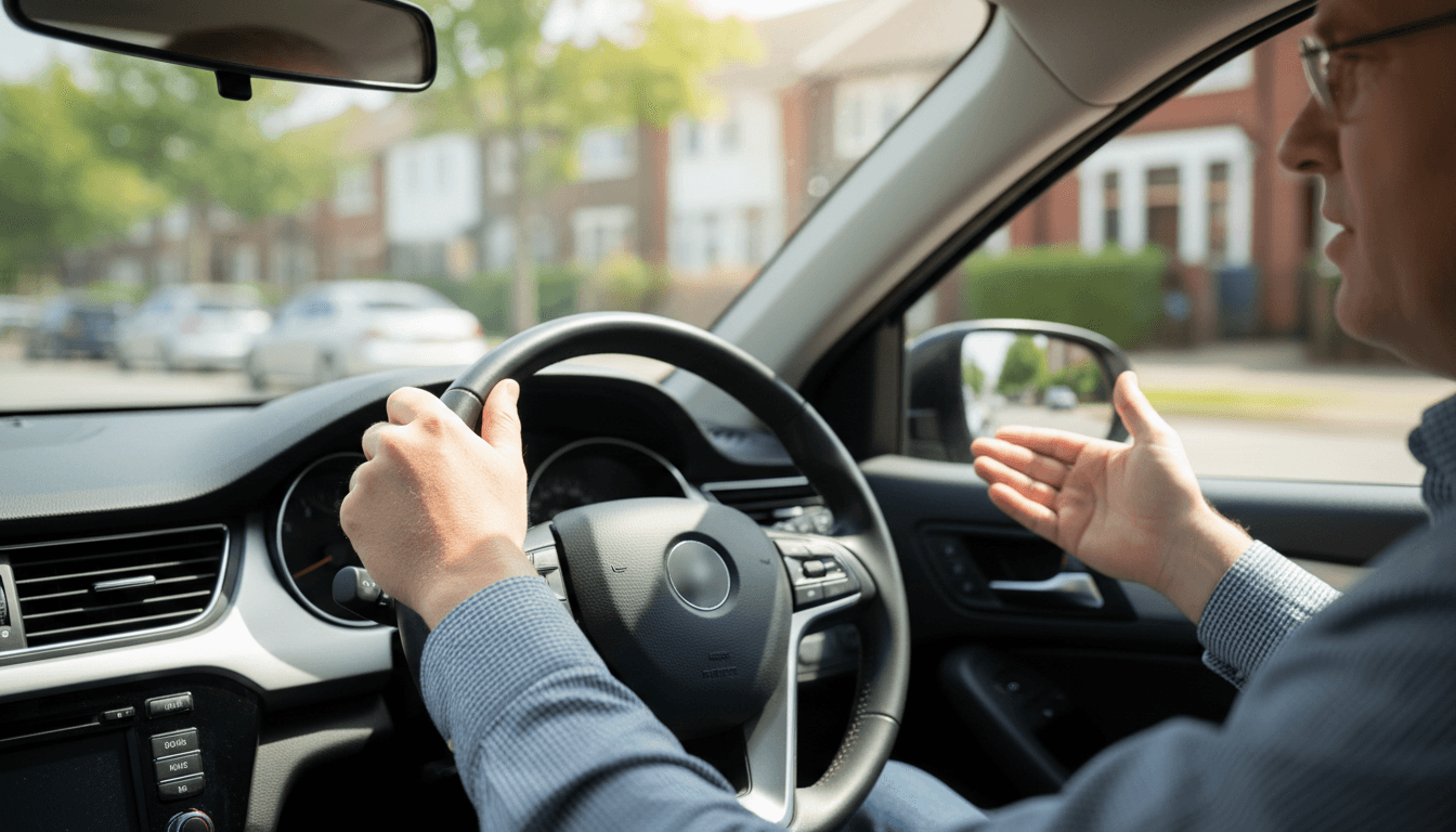 Learner driver holding the steering wheel confidently during an automatic driving lesson